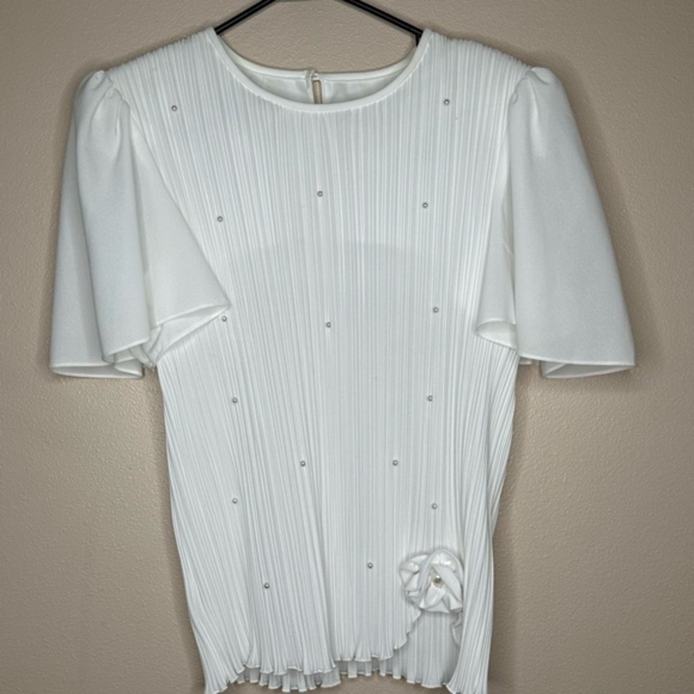 Boston Maid Vintage white Pearl blouse Size 14 short flutter‎ Sleeves